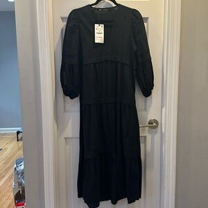 NWT ZARA Black Embroidered Dress M  Maxi Tiered Cotton 3/4  Sleeve Boho Style